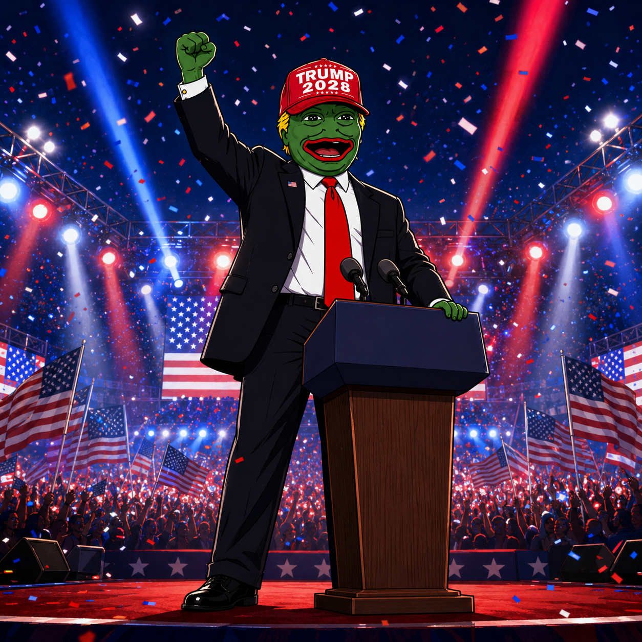 PepeTrump2028 rallying at the podium