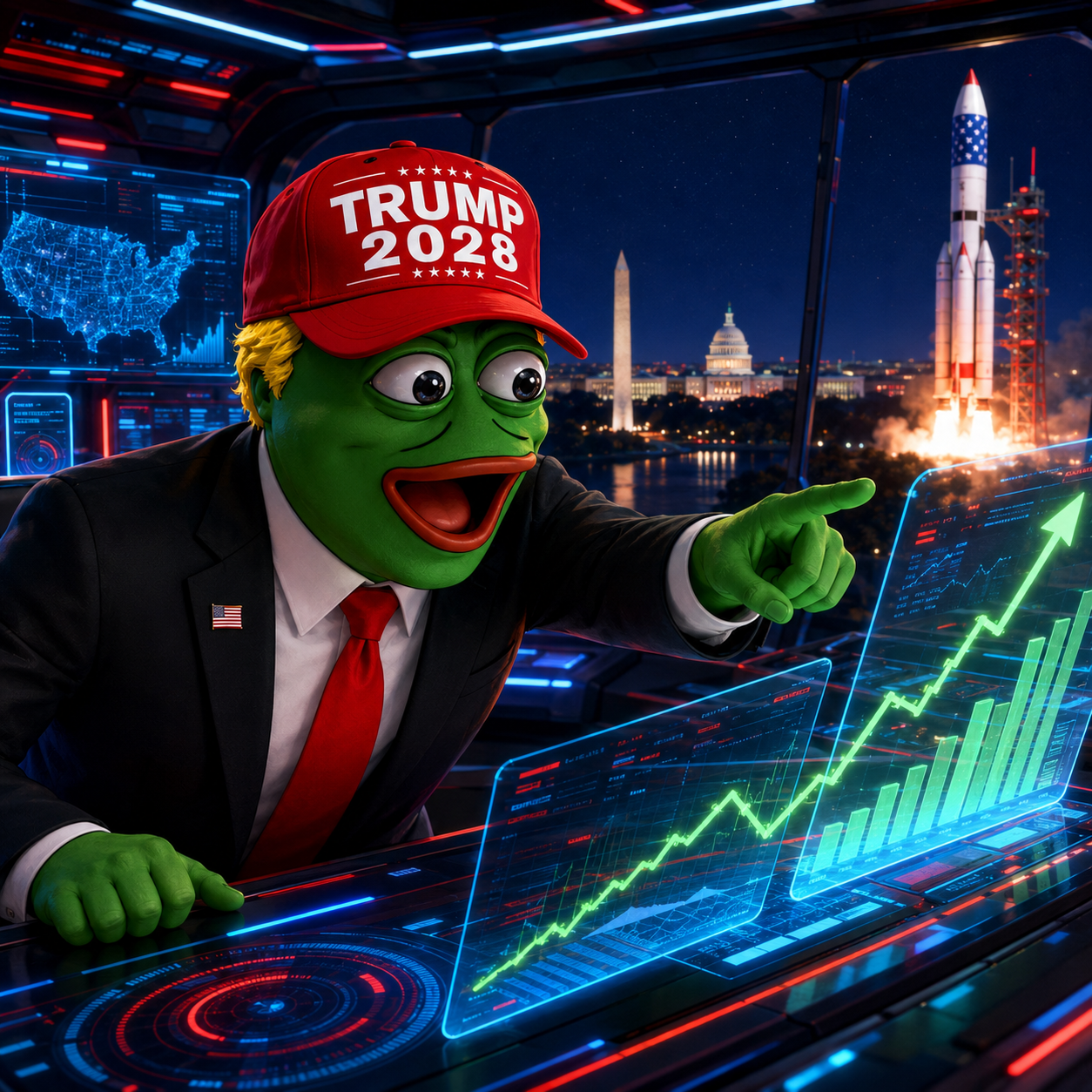 PepeTrump2028 pointing at a rising chart in the situation room